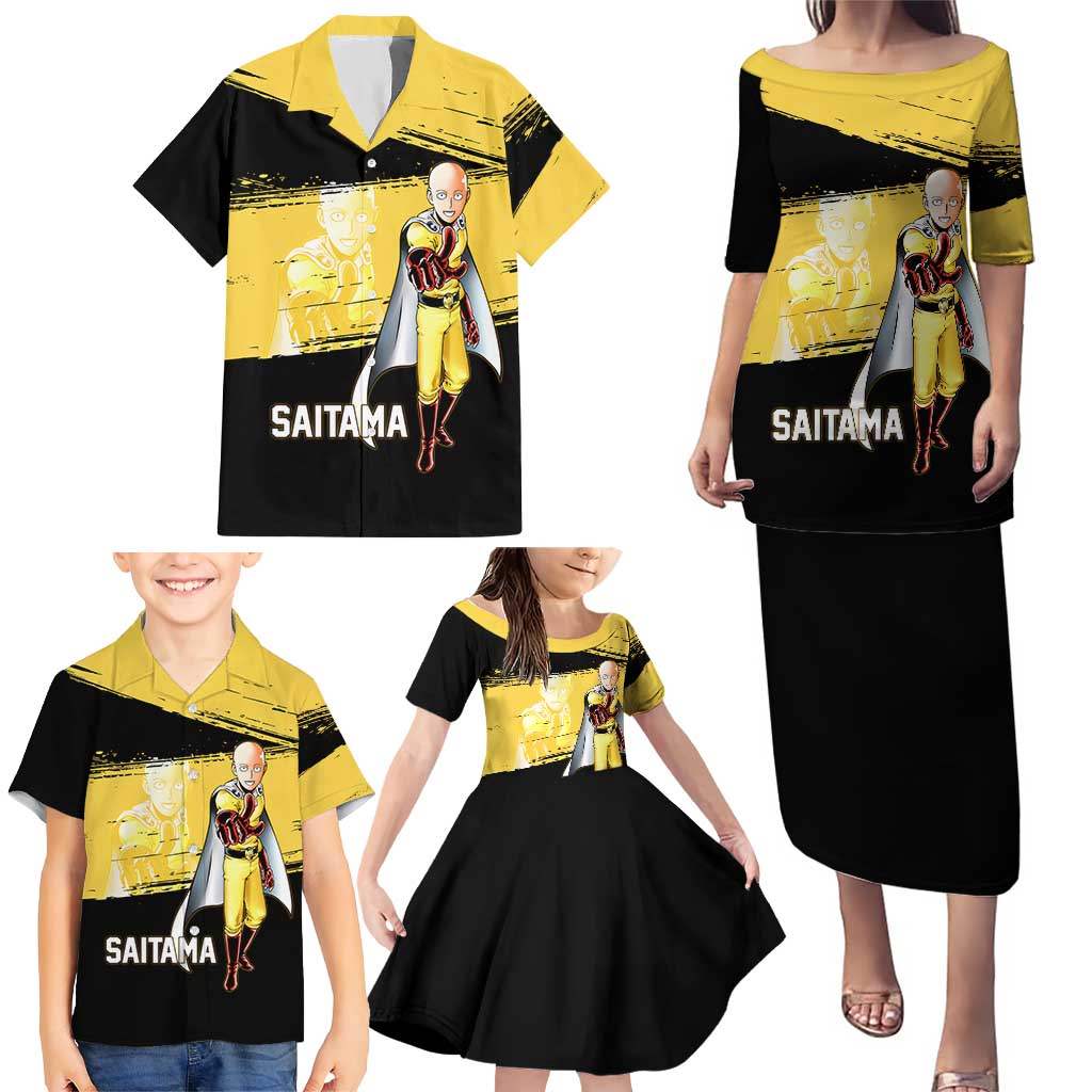 Saitama One Punch Man Anime Yellow and Black Theme Family Matching Puletasi and Hawaiian Shirt with Heroic Pose and Dynamic Brushstroke Background
