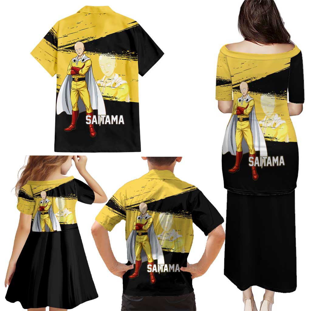 Saitama One Punch Man Anime Yellow and Black Theme Family Matching Puletasi and Hawaiian Shirt with Heroic Pose and Dynamic Brushstroke Background