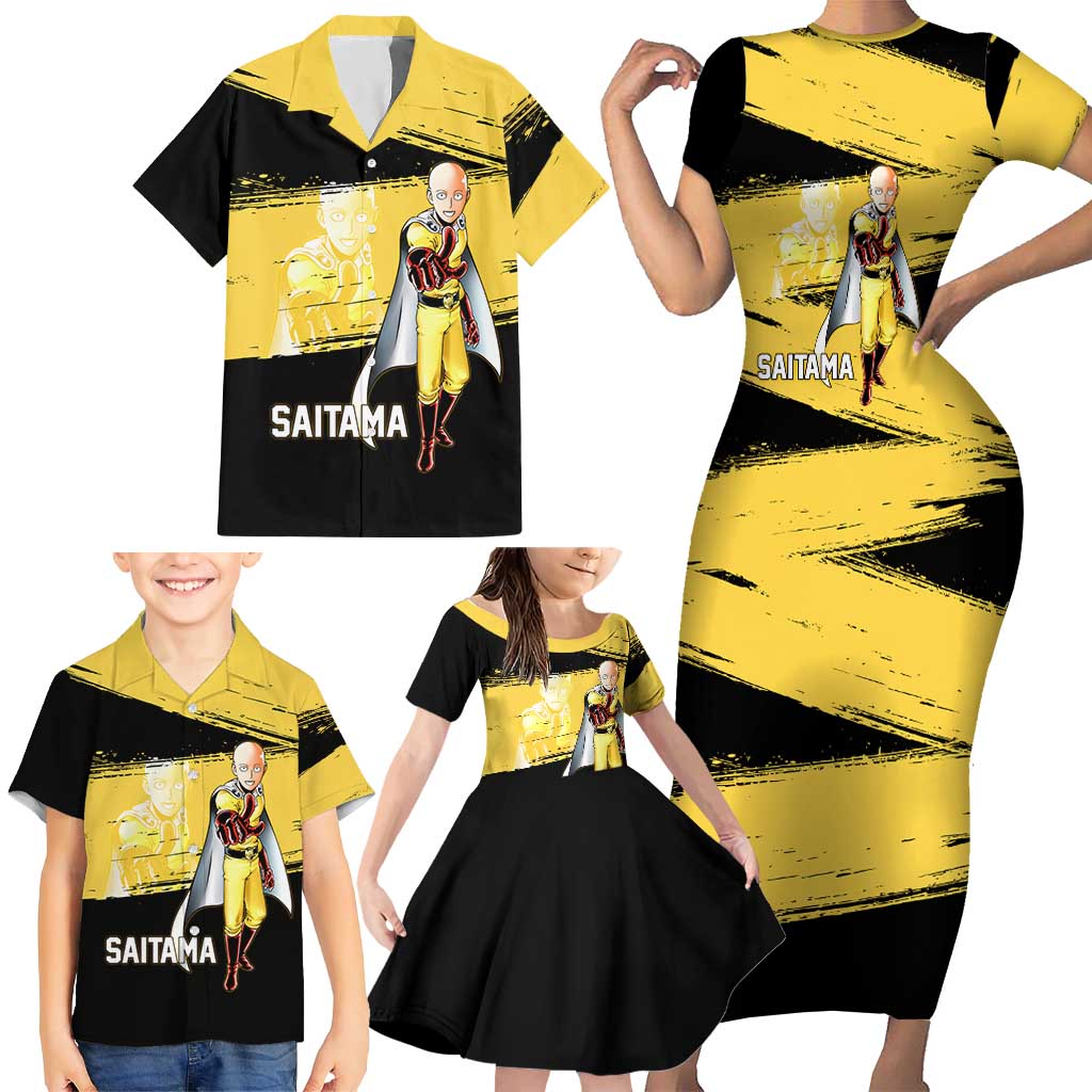 Saitama One Punch Man Anime Yellow and Black Theme Family Matching Short Sleeve Bodycon Dress and Hawaiian Shirt with Heroic Pose and Dynamic Brushstroke Background