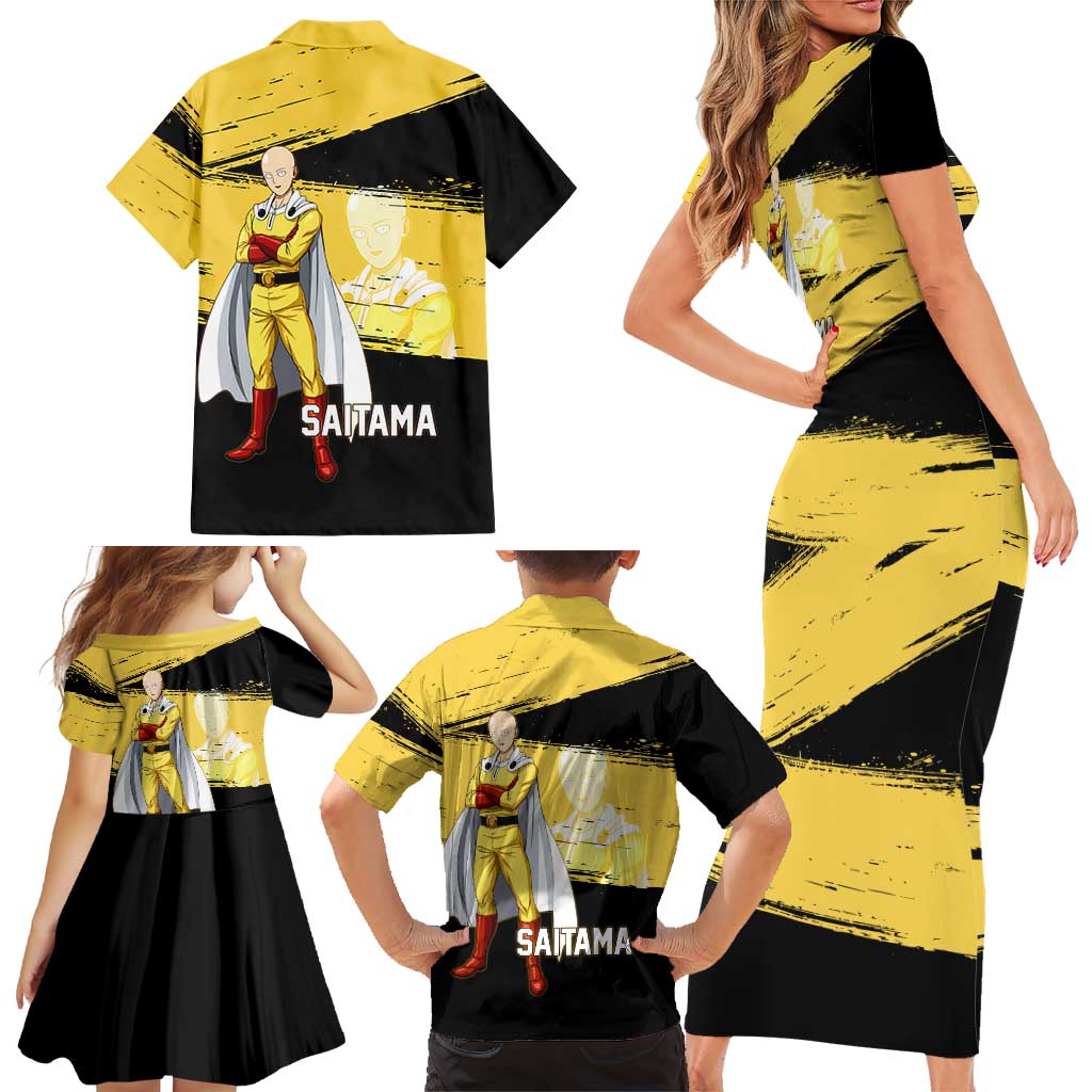 Saitama One Punch Man Anime Yellow and Black Theme Family Matching Short Sleeve Bodycon Dress and Hawaiian Shirt with Heroic Pose and Dynamic Brushstroke Background