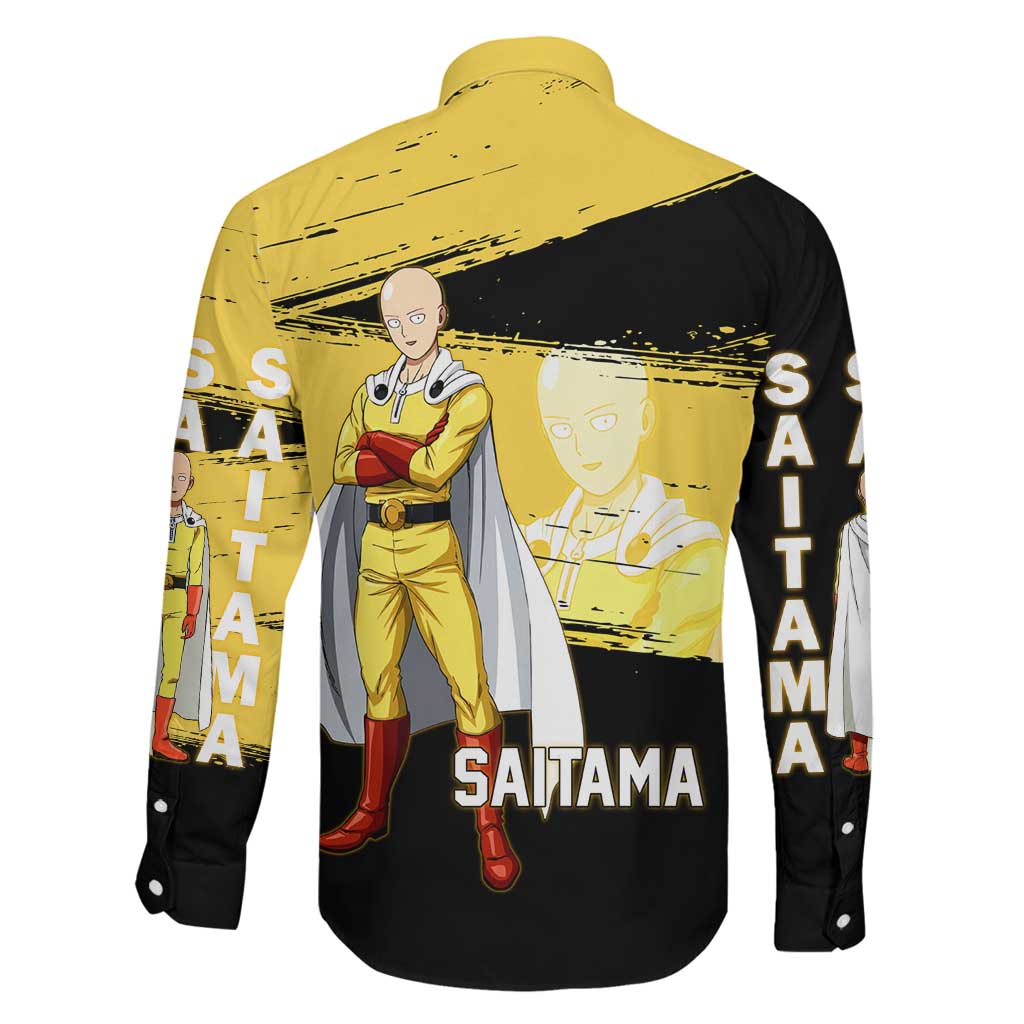 Saitama One Punch Man Anime Yellow and Black Theme Family Matching Short Sleeve Bodycon Dress and Hawaiian Shirt with Heroic Pose and Dynamic Brushstroke Background