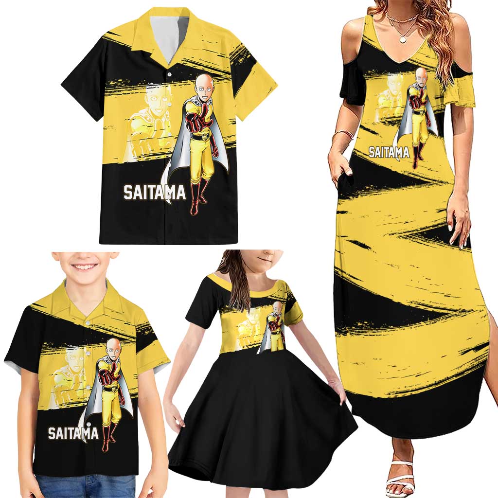 Saitama One Punch Man Anime Yellow and Black Theme Family Matching Summer Maxi Dress and Hawaiian Shirt with Heroic Pose and Dynamic Brushstroke Background
