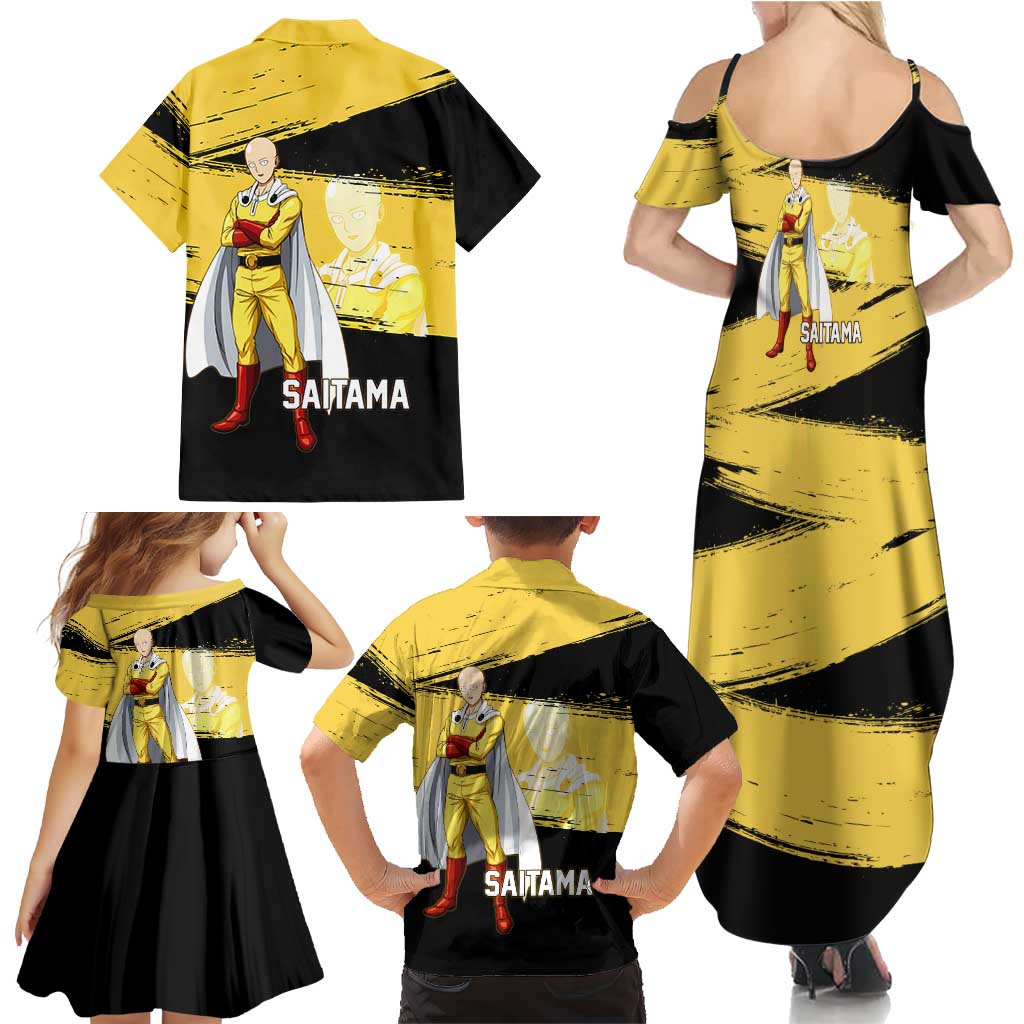 Saitama One Punch Man Anime Yellow and Black Theme Family Matching Summer Maxi Dress and Hawaiian Shirt with Heroic Pose and Dynamic Brushstroke Background