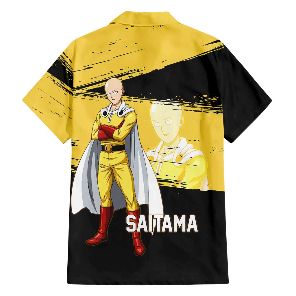 Saitama One Punch Man Anime Yellow and Black Theme Family Matching Summer Maxi Dress and Hawaiian Shirt with Heroic Pose and Dynamic Brushstroke Background