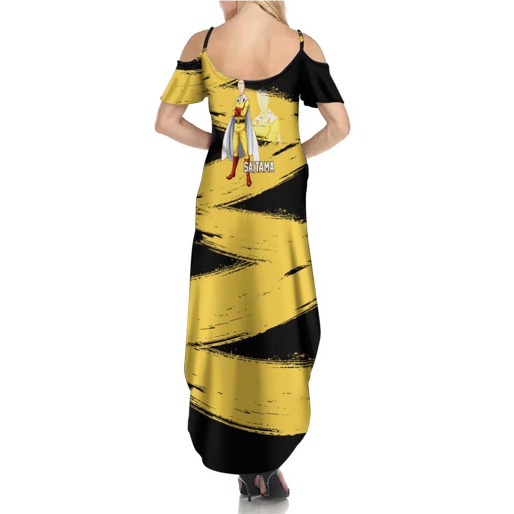 Saitama One Punch Man Anime Yellow and Black Theme Family Matching Summer Maxi Dress and Hawaiian Shirt with Heroic Pose and Dynamic Brushstroke Background