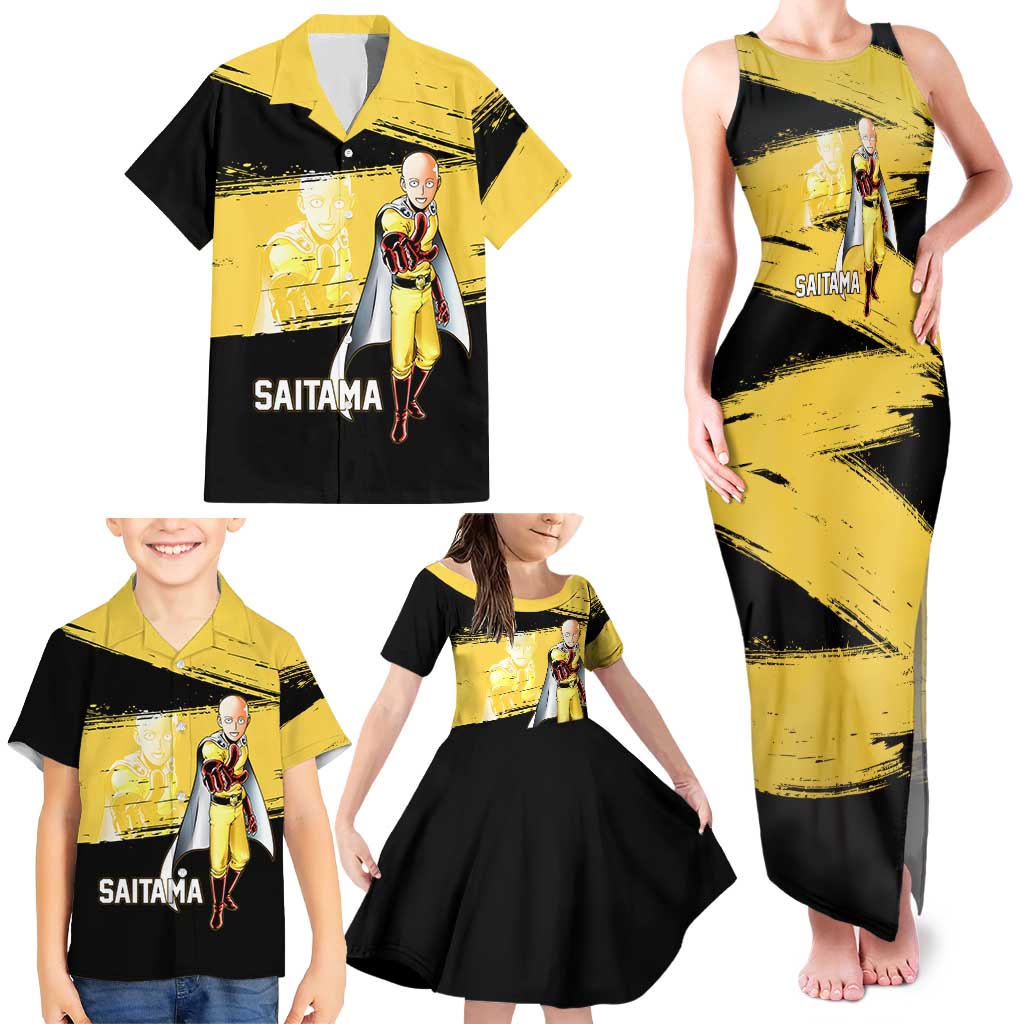 Saitama One Punch Man Anime Yellow and Black Theme Family Matching Tank Maxi Dress and Hawaiian Shirt with Heroic Pose and Dynamic Brushstroke Background