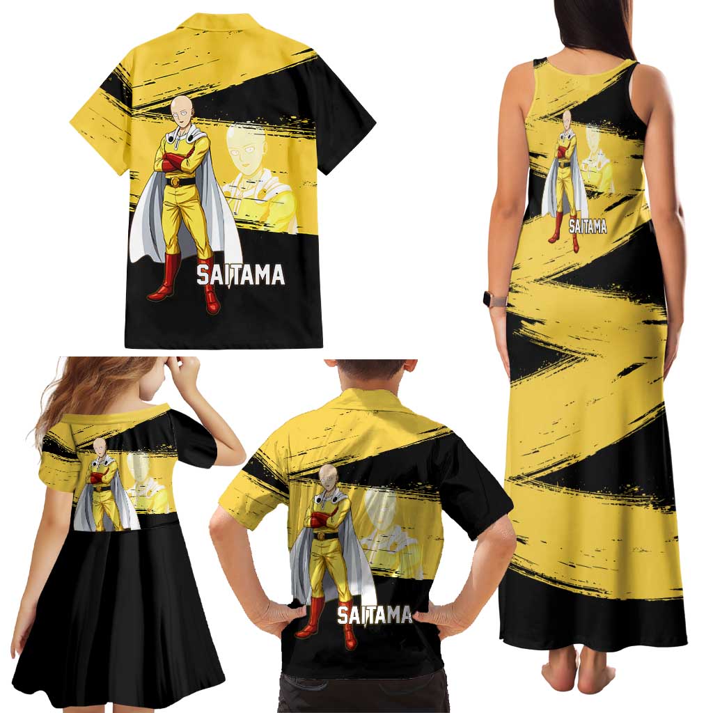 Saitama One Punch Man Anime Yellow and Black Theme Family Matching Tank Maxi Dress and Hawaiian Shirt with Heroic Pose and Dynamic Brushstroke Background