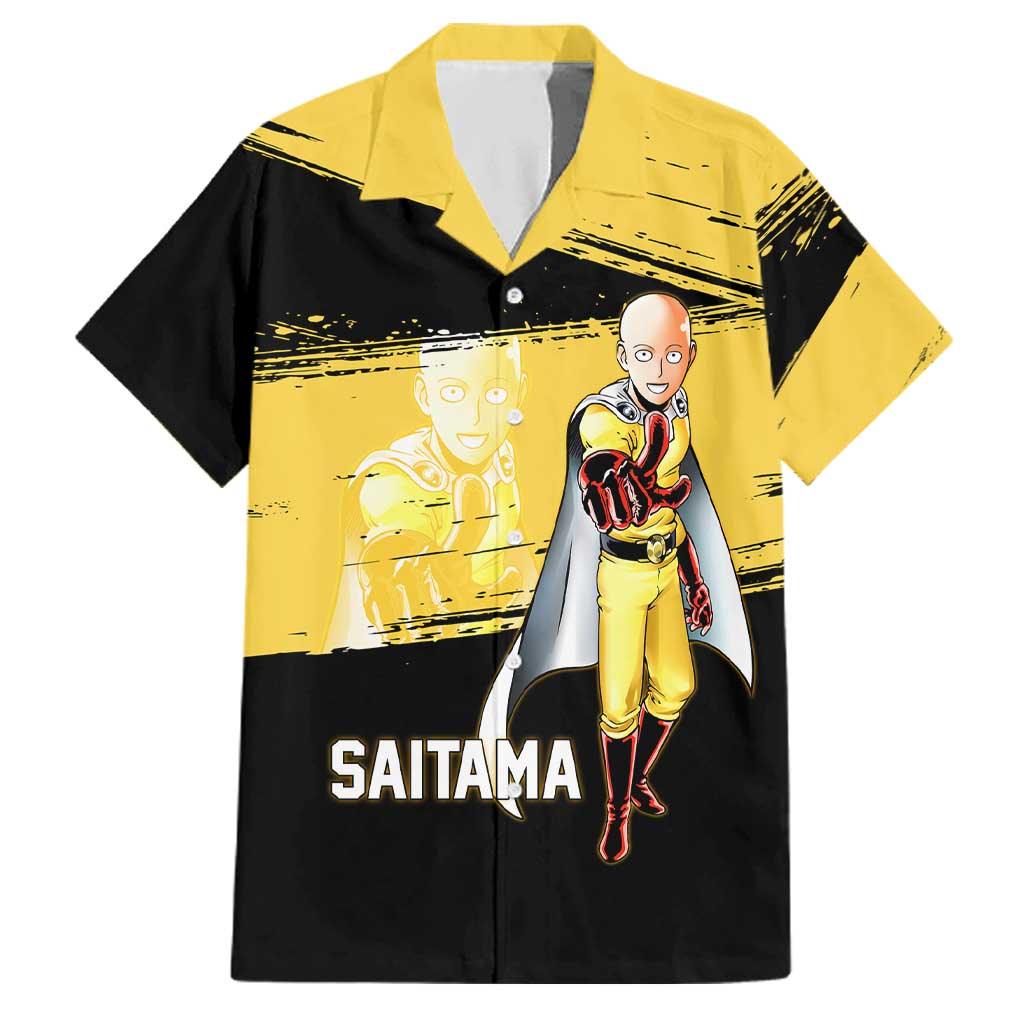 Saitama One Punch Man Anime Yellow and Black Theme Family Matching Tank Maxi Dress and Hawaiian Shirt with Heroic Pose and Dynamic Brushstroke Background