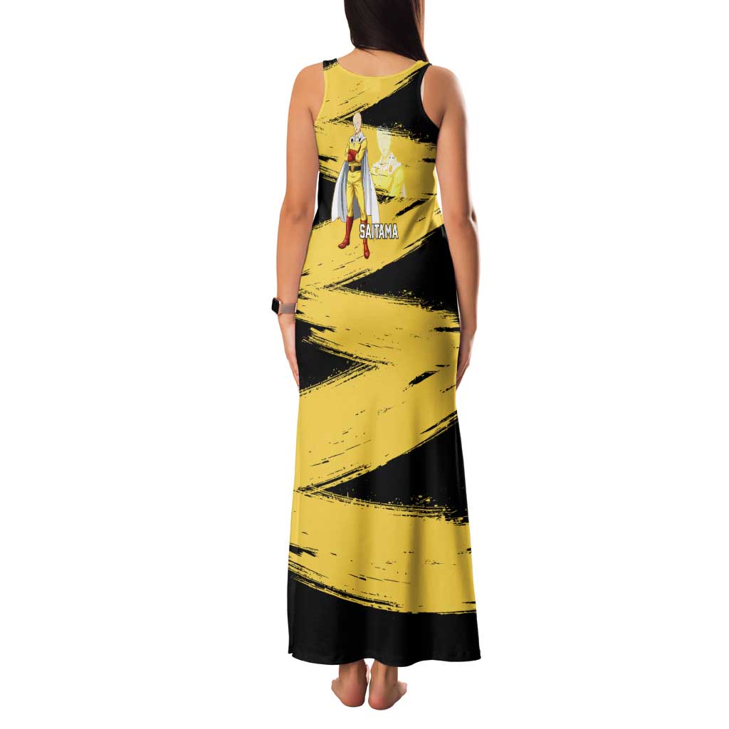 Saitama One Punch Man Anime Yellow and Black Theme Family Matching Tank Maxi Dress and Hawaiian Shirt with Heroic Pose and Dynamic Brushstroke Background
