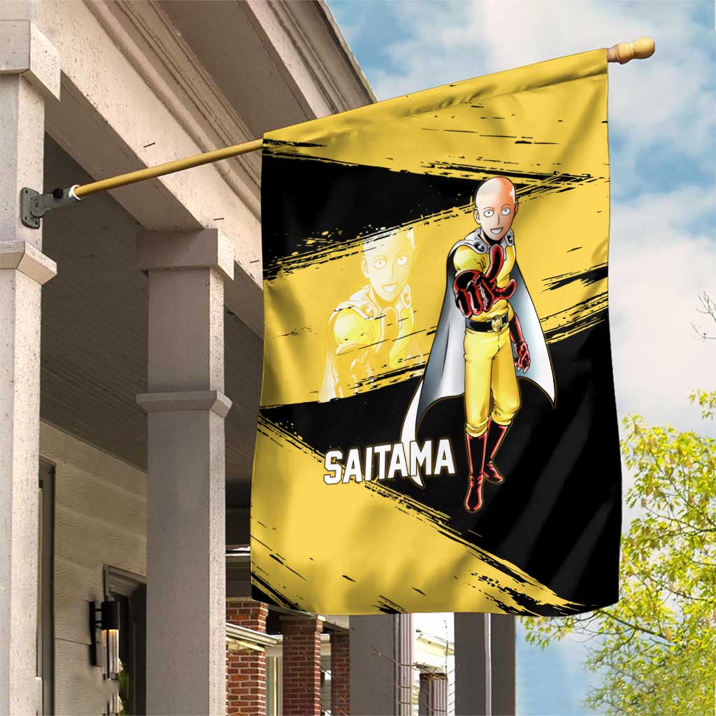 Saitama One Punch Man Anime Yellow and Black Theme Garden Flag with Heroic Pose and Dynamic Brushstroke Background - The Mazicc