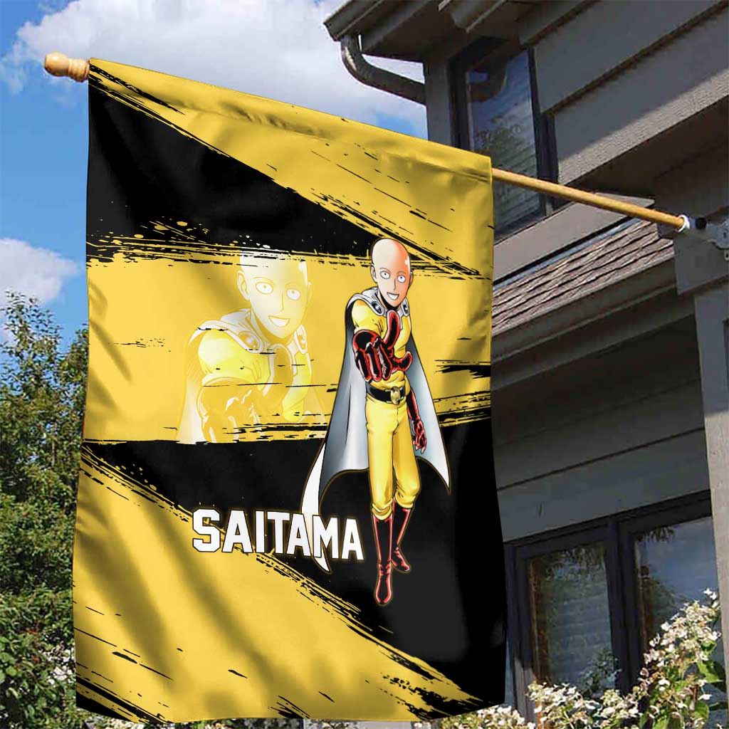 Saitama One Punch Man Anime Yellow and Black Theme Garden Flag with Heroic Pose and Dynamic Brushstroke Background - The Mazicc