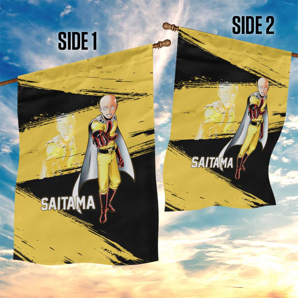 Saitama One Punch Man Anime Yellow and Black Theme Garden Flag with Heroic Pose and Dynamic Brushstroke Background - The Mazicc