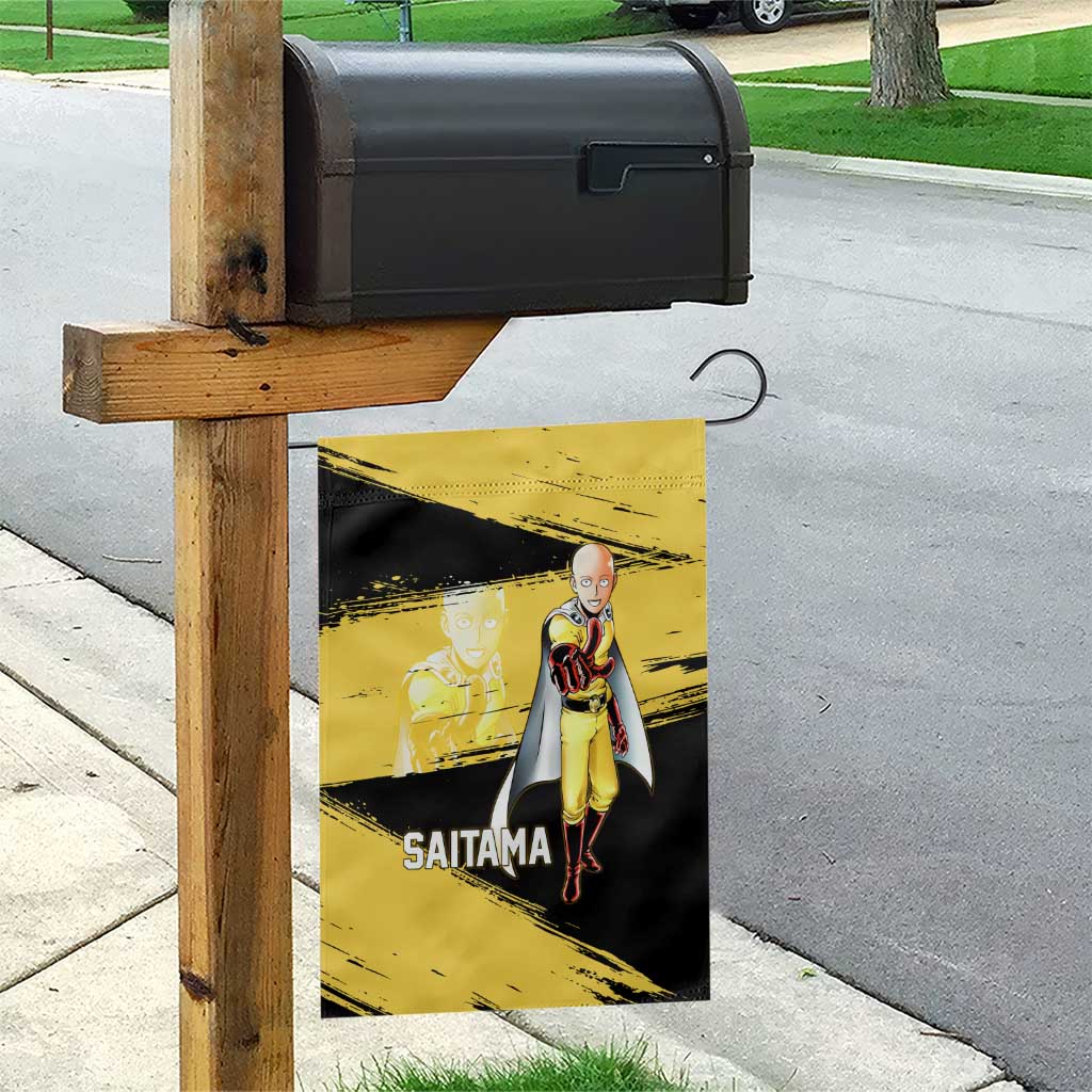 Saitama One Punch Man Anime Yellow and Black Theme Garden Flag with Heroic Pose and Dynamic Brushstroke Background - The Mazicc