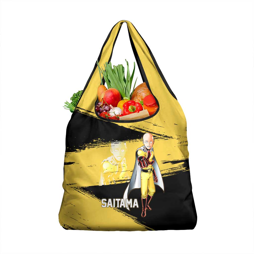 Saitama One Punch Man Anime Yellow and Black Theme Grocery Bag with Heroic Pose and Dynamic Brushstroke Background - The Mazicc