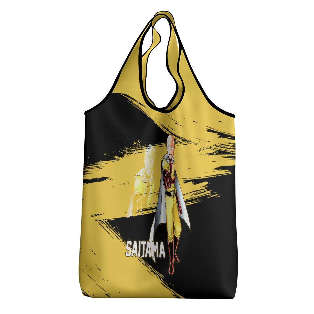 Saitama One Punch Man Anime Yellow and Black Theme Grocery Bag with Heroic Pose and Dynamic Brushstroke Background - The Mazicc