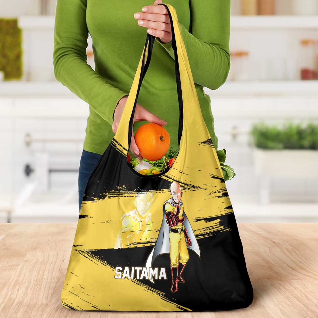 Saitama One Punch Man Anime Yellow and Black Theme Grocery Bag with Heroic Pose and Dynamic Brushstroke Background - The Mazicc