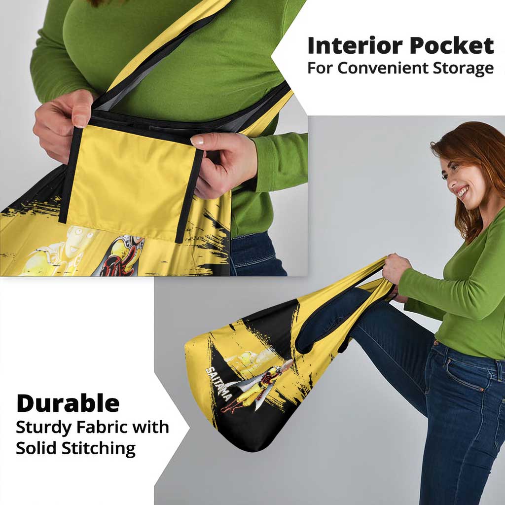 Saitama One Punch Man Anime Yellow and Black Theme Grocery Bag with Heroic Pose and Dynamic Brushstroke Background - The Mazicc