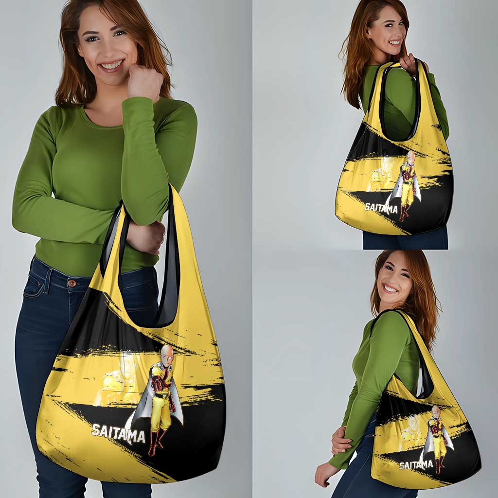 Saitama One Punch Man Anime Yellow and Black Theme Grocery Bag with Heroic Pose and Dynamic Brushstroke Background - The Mazicc