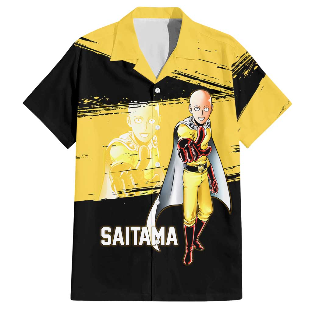Saitama One Punch Man Anime Yellow and Black Theme Hawaiian Shirt with Heroic Pose and Dynamic Brushstroke Background - The Mazicc