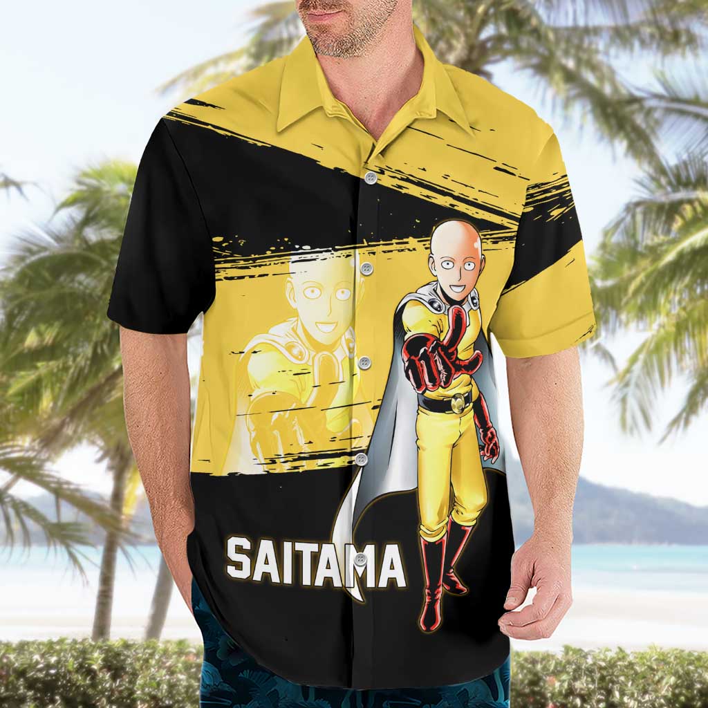 Saitama One Punch Man Anime Yellow and Black Theme Hawaiian Shirt with Heroic Pose and Dynamic Brushstroke Background - The Mazicc