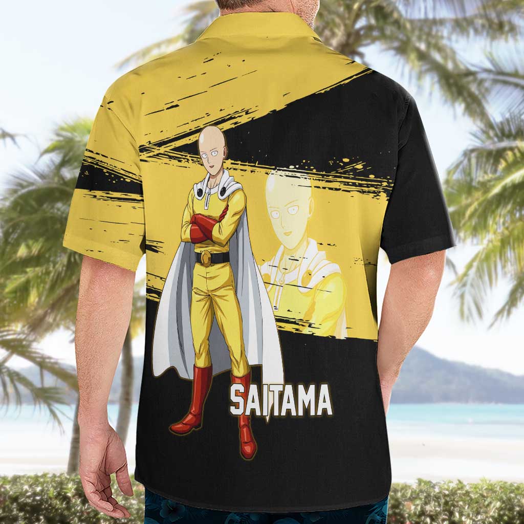 Saitama One Punch Man Anime Yellow and Black Theme Hawaiian Shirt with Heroic Pose and Dynamic Brushstroke Background - The Mazicc