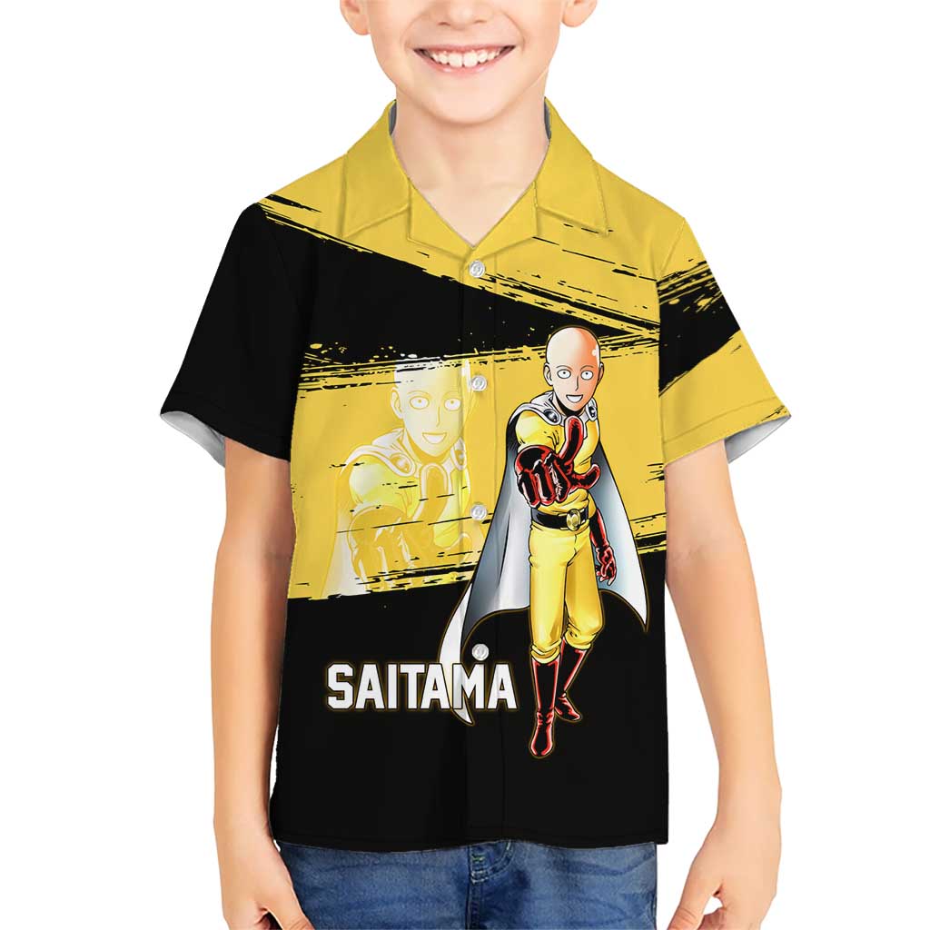 Saitama One Punch Man Anime Yellow and Black Theme Hawaiian Shirt with Heroic Pose and Dynamic Brushstroke Background - The Mazicc