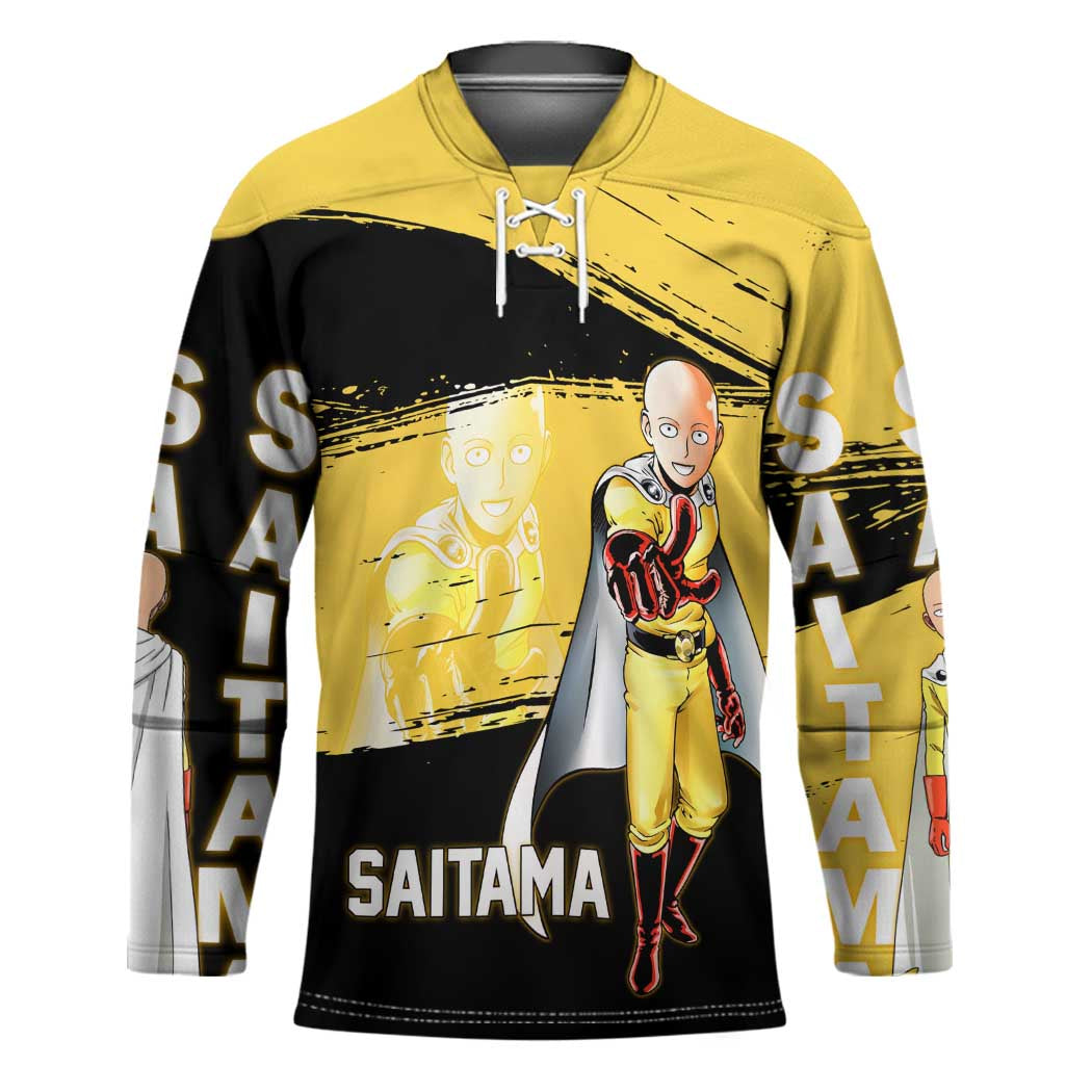 Saitama One Punch Man Anime Yellow and Black Theme Hockey Jersey with Heroic Pose and Dynamic Brushstroke Background - The Mazicc