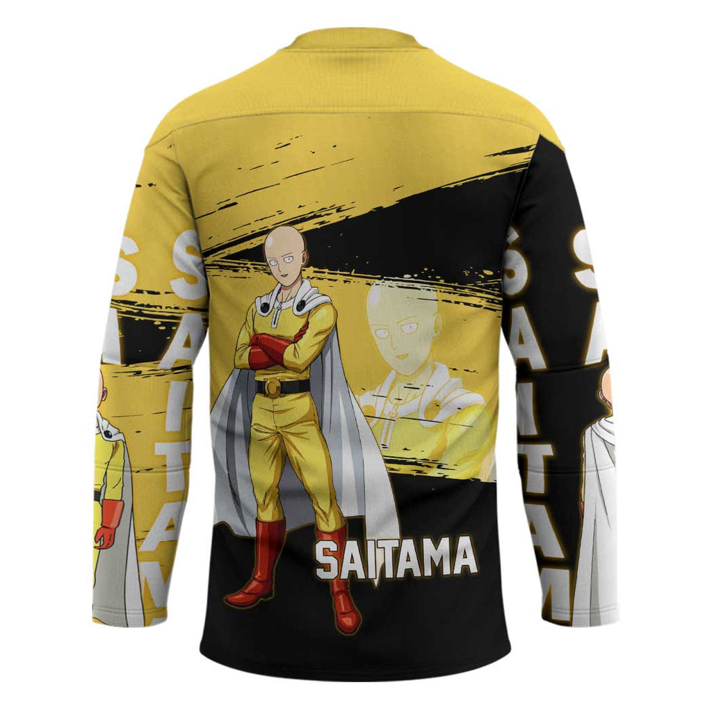 Saitama One Punch Man Anime Yellow and Black Theme Hockey Jersey with Heroic Pose and Dynamic Brushstroke Background - The Mazicc
