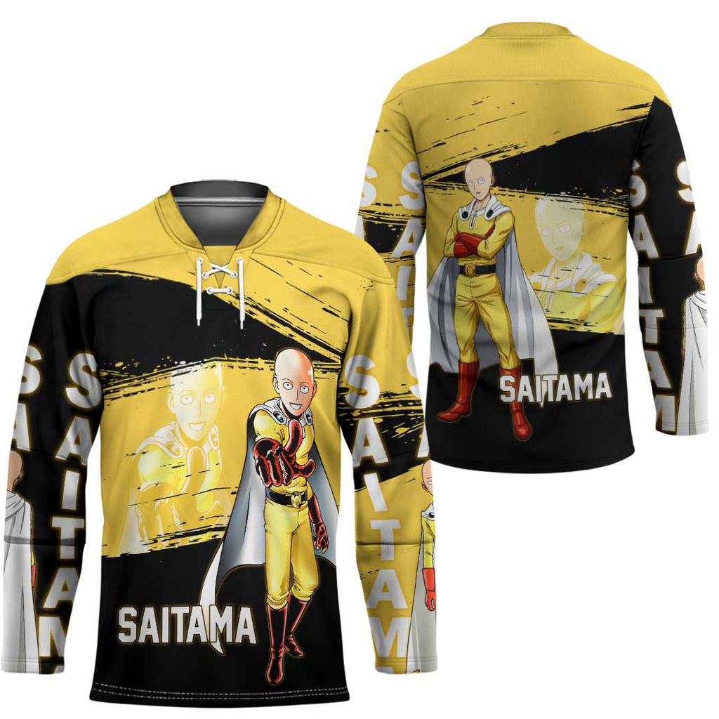 Saitama One Punch Man Anime Yellow and Black Theme Hockey Jersey with Heroic Pose and Dynamic Brushstroke Background - The Mazicc