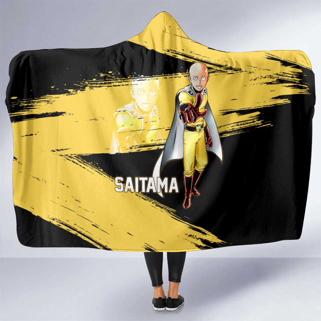 Saitama One Punch Man Anime Yellow and Black Theme Hooded Blanket with Heroic Pose and Dynamic Brushstroke Background - The Mazicc
