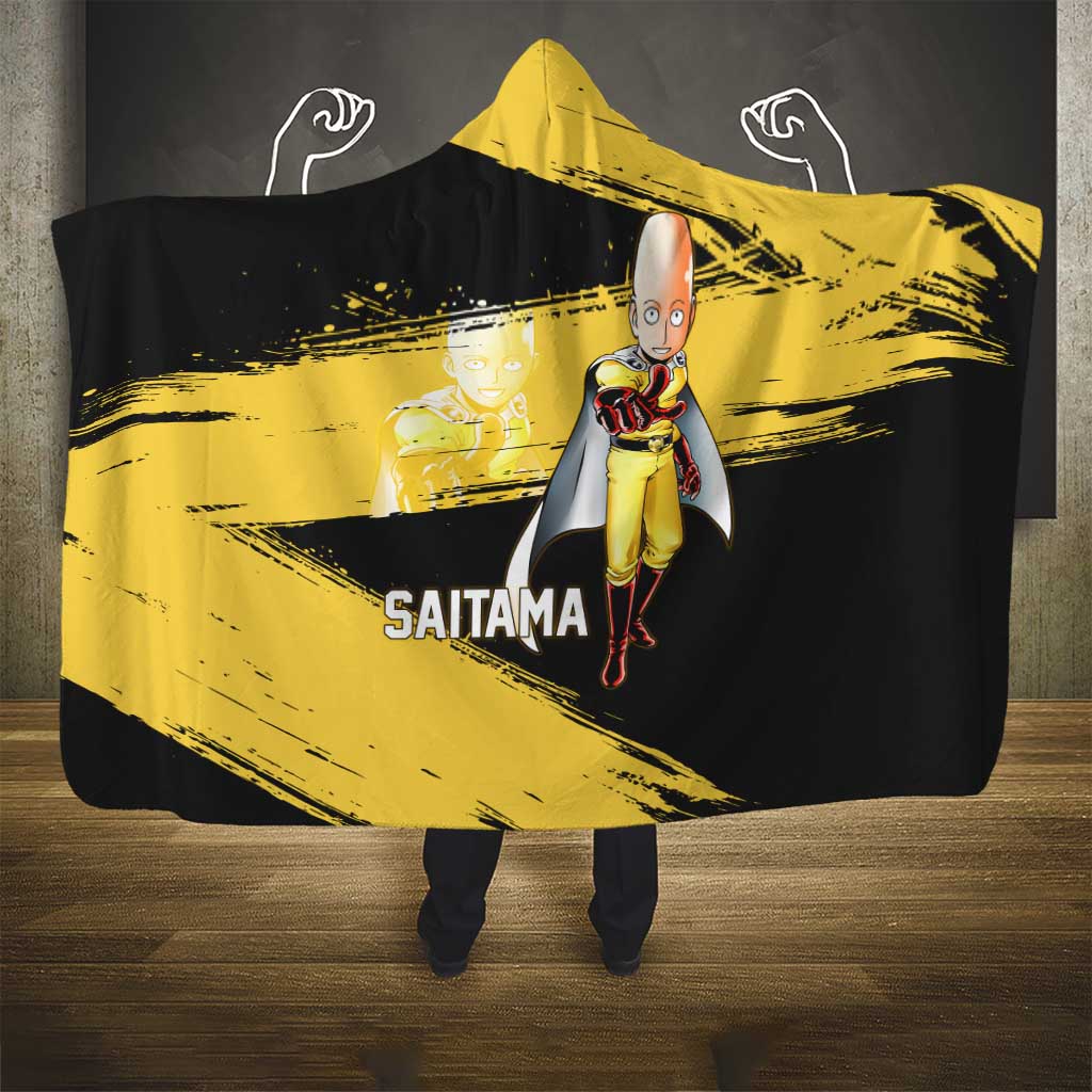 Saitama One Punch Man Anime Yellow and Black Theme Hooded Blanket with Heroic Pose and Dynamic Brushstroke Background - The Mazicc