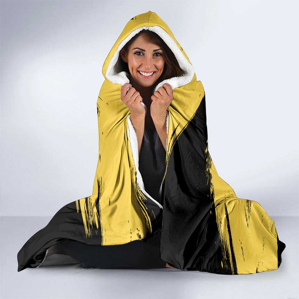 Saitama One Punch Man Anime Yellow and Black Theme Hooded Blanket with Heroic Pose and Dynamic Brushstroke Background - The Mazicc