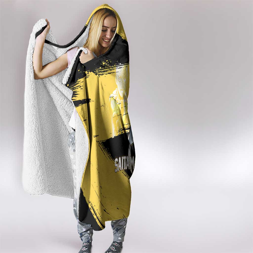 Saitama One Punch Man Anime Yellow and Black Theme Hooded Blanket with Heroic Pose and Dynamic Brushstroke Background - The Mazicc