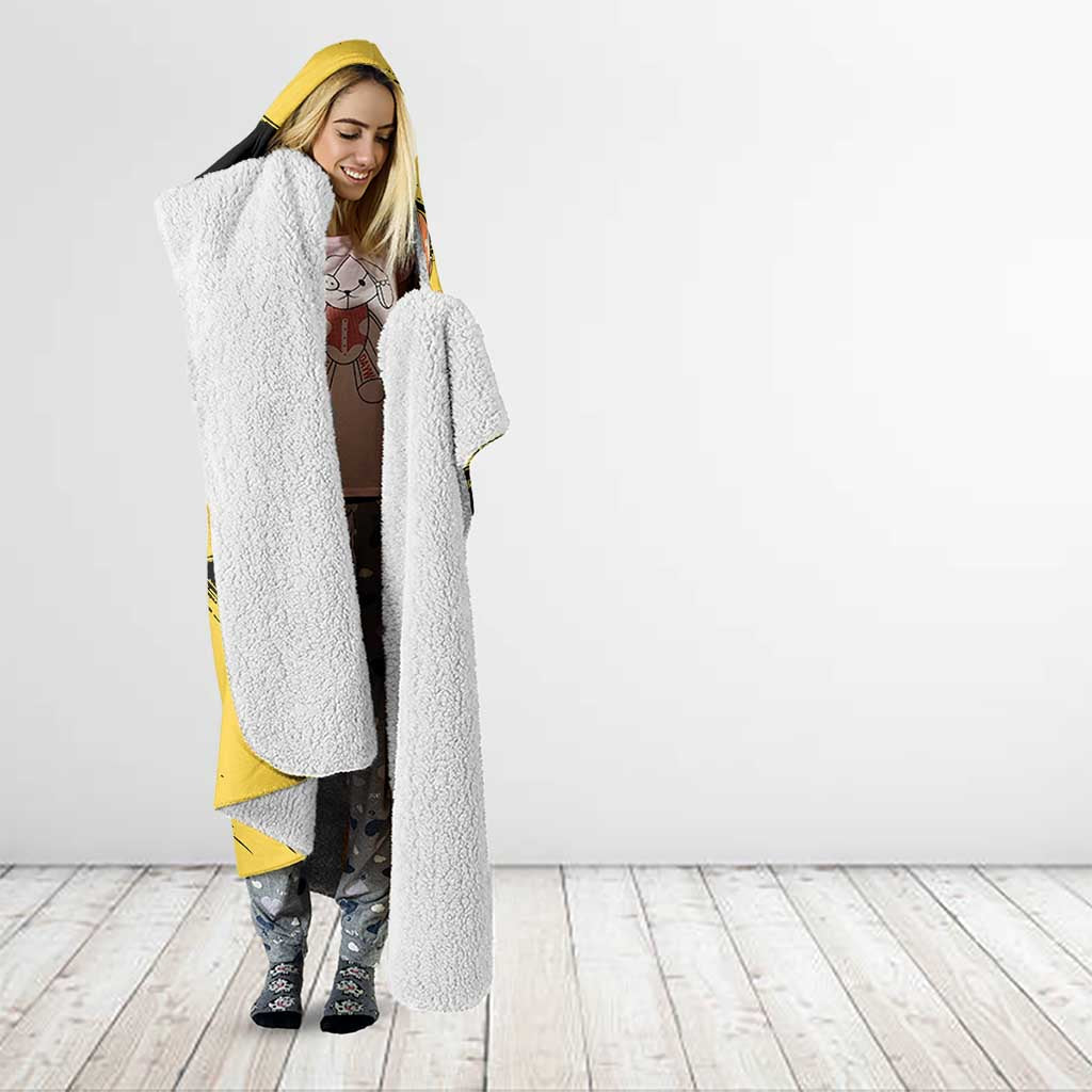 Saitama One Punch Man Anime Yellow and Black Theme Hooded Blanket with Heroic Pose and Dynamic Brushstroke Background - The Mazicc