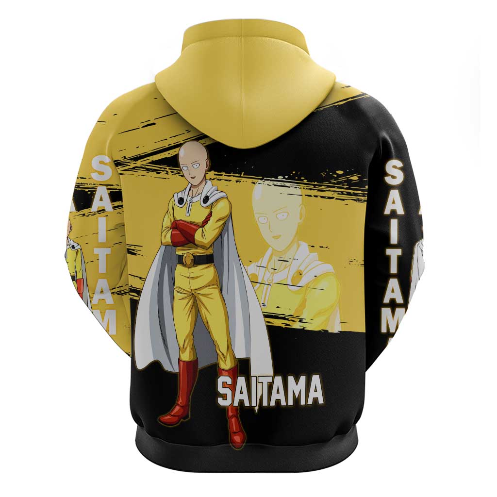 Saitama One Punch Man Anime Yellow and Black Theme Hoodie with Heroic Pose and Dynamic Brushstroke Background - The Mazicc