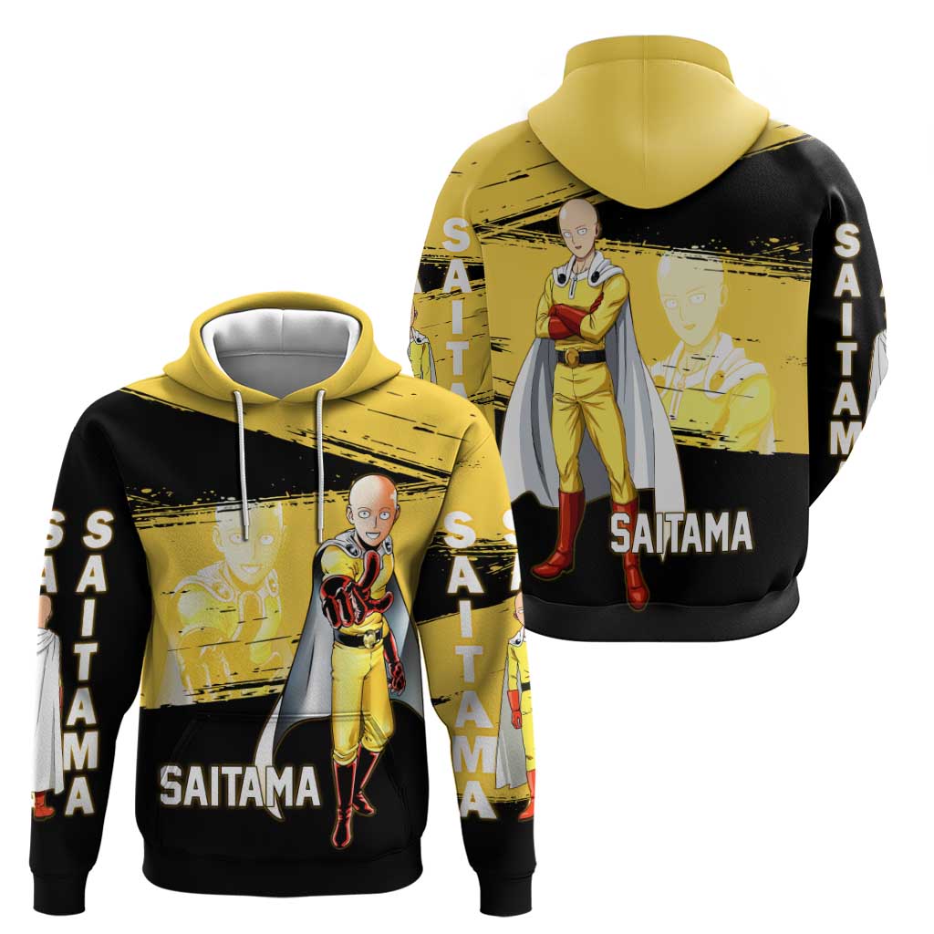 Saitama One Punch Man Anime Yellow and Black Theme Hoodie with Heroic Pose and Dynamic Brushstroke Background - The Mazicc