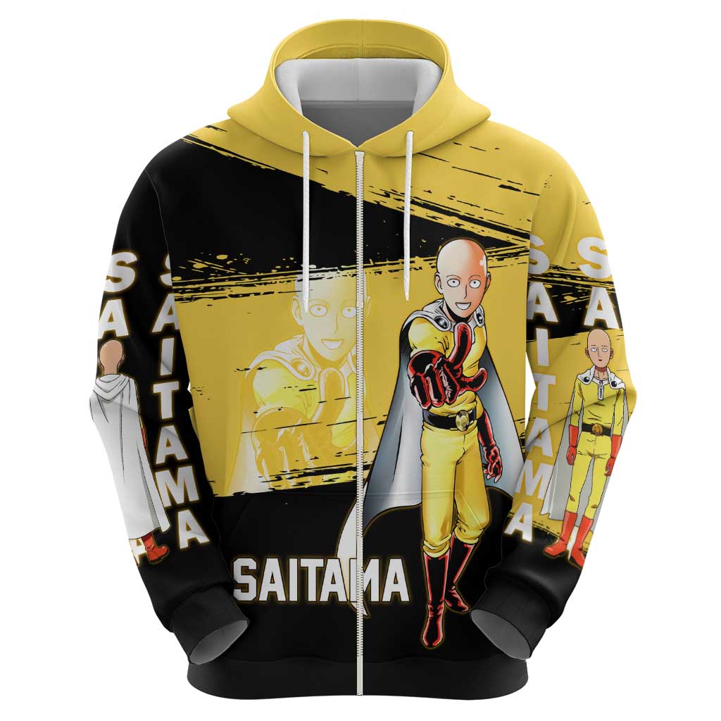 Saitama One Punch Man Anime Yellow and Black Theme Hoodie with Heroic Pose and Dynamic Brushstroke Background - The Mazicc