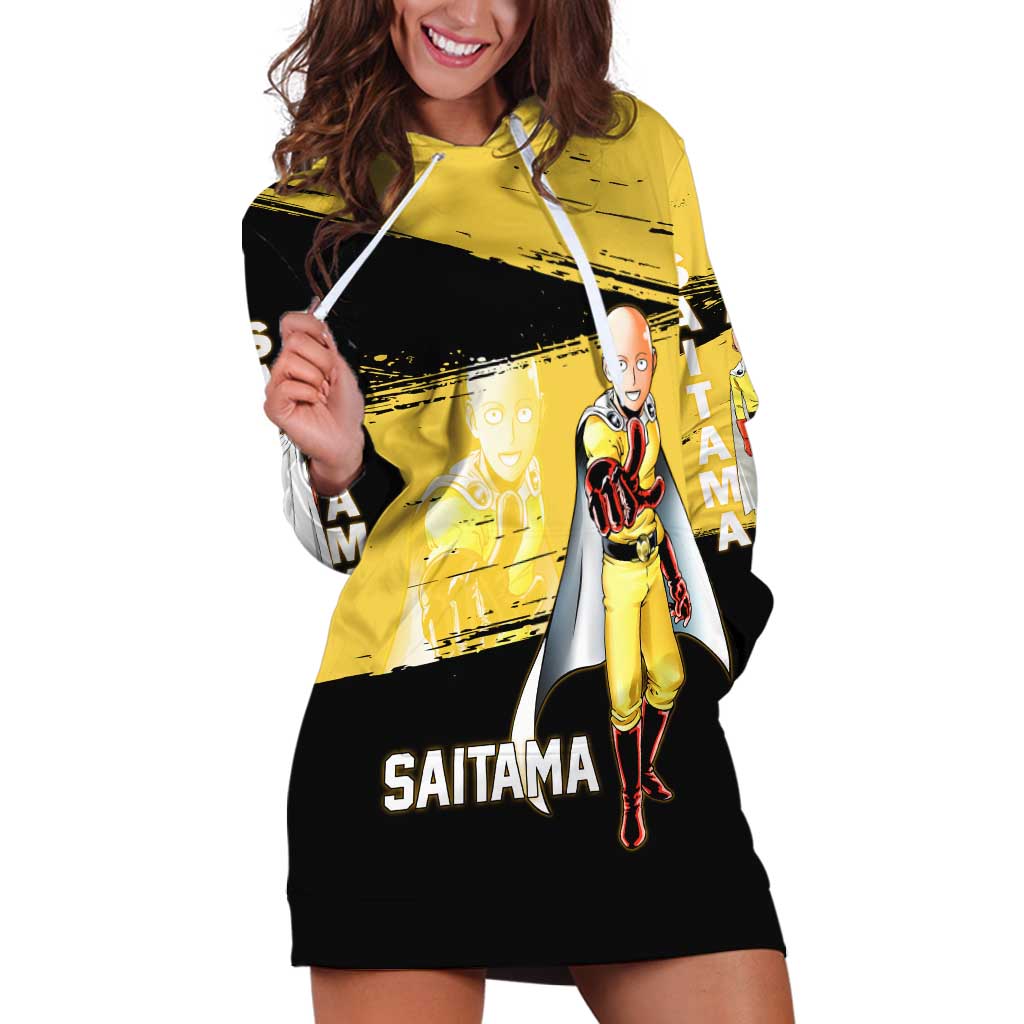 Saitama One Punch Man Anime Yellow and Black Theme Hoodie Dress with Heroic Pose and Dynamic Brushstroke Background - The Mazicc