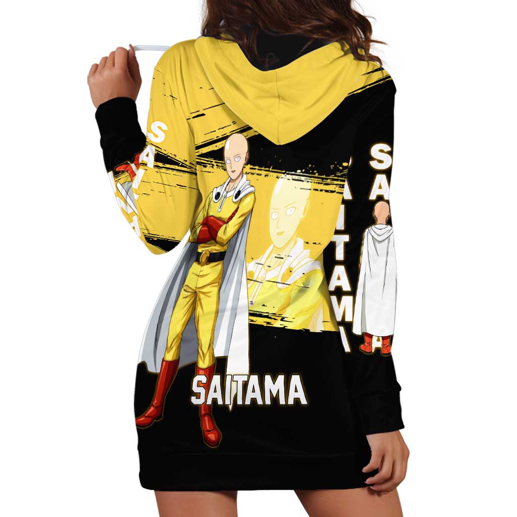 Saitama One Punch Man Anime Yellow and Black Theme Hoodie Dress with Heroic Pose and Dynamic Brushstroke Background - The Mazicc