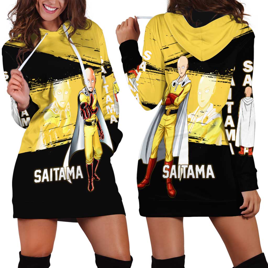 Saitama One Punch Man Anime Yellow and Black Theme Hoodie Dress with Heroic Pose and Dynamic Brushstroke Background - The Mazicc