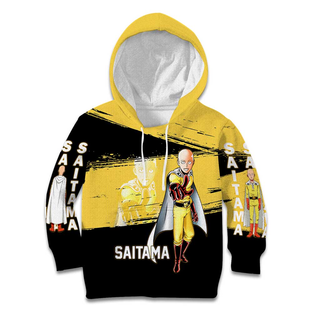 Saitama One Punch Man Anime Yellow and Black Theme Kid Hoodie with Heroic Pose and Dynamic Brushstroke Background - The Mazicc