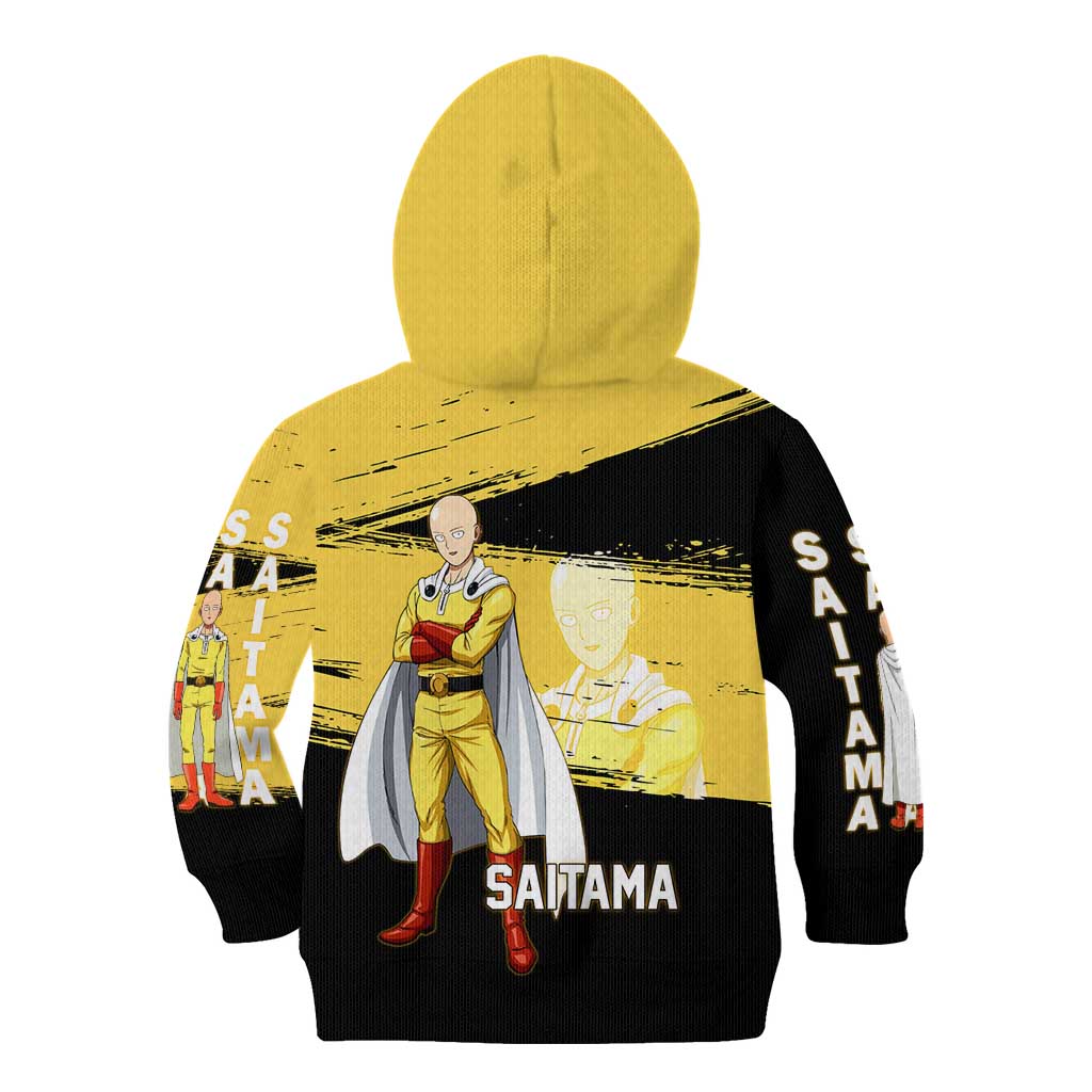 Saitama One Punch Man Anime Yellow and Black Theme Kid Hoodie with Heroic Pose and Dynamic Brushstroke Background - The Mazicc