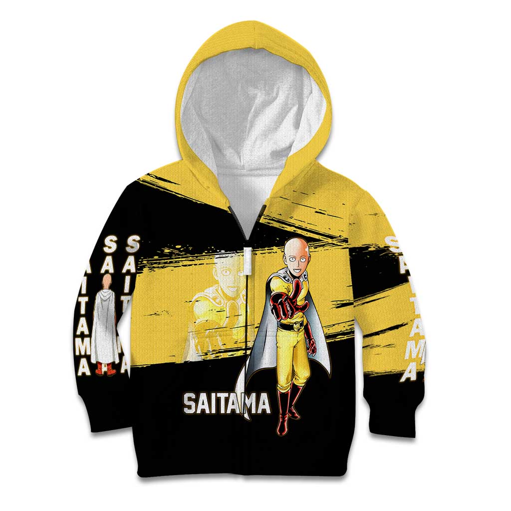 Saitama One Punch Man Anime Yellow and Black Theme Kid Hoodie with Heroic Pose and Dynamic Brushstroke Background - The Mazicc