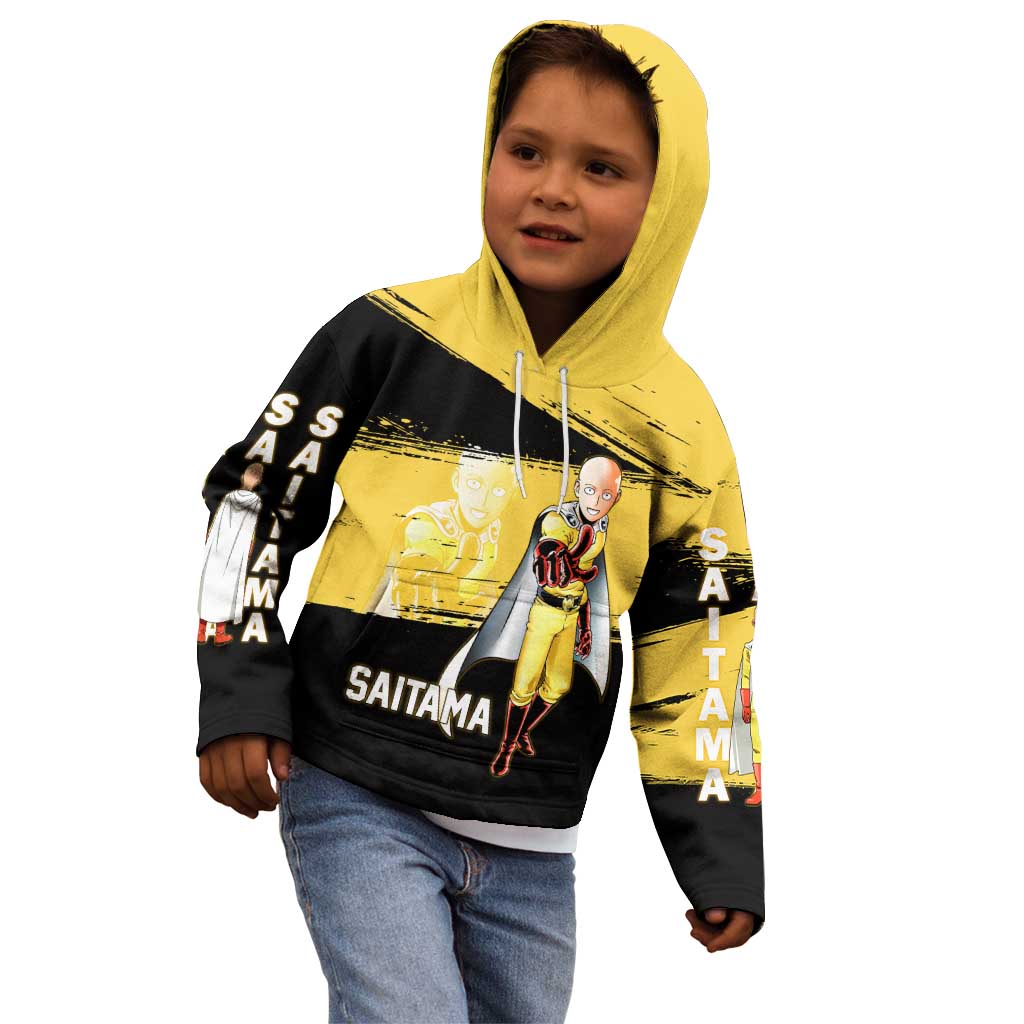 Saitama One Punch Man Anime Yellow and Black Theme Kid Hoodie with Heroic Pose and Dynamic Brushstroke Background - The Mazicc