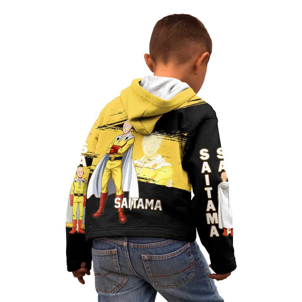 Saitama One Punch Man Anime Yellow and Black Theme Kid Hoodie with Heroic Pose and Dynamic Brushstroke Background - The Mazicc