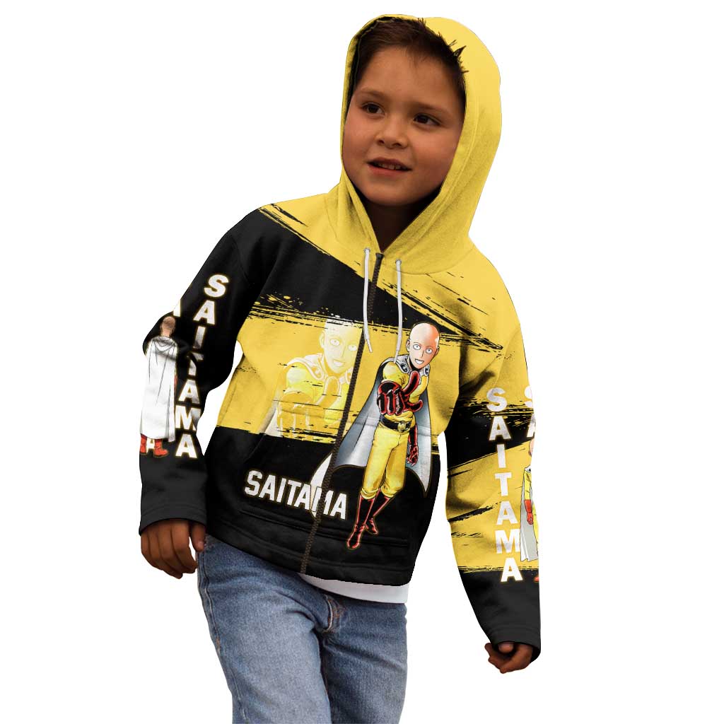 Saitama One Punch Man Anime Yellow and Black Theme Kid Hoodie with Heroic Pose and Dynamic Brushstroke Background - The Mazicc