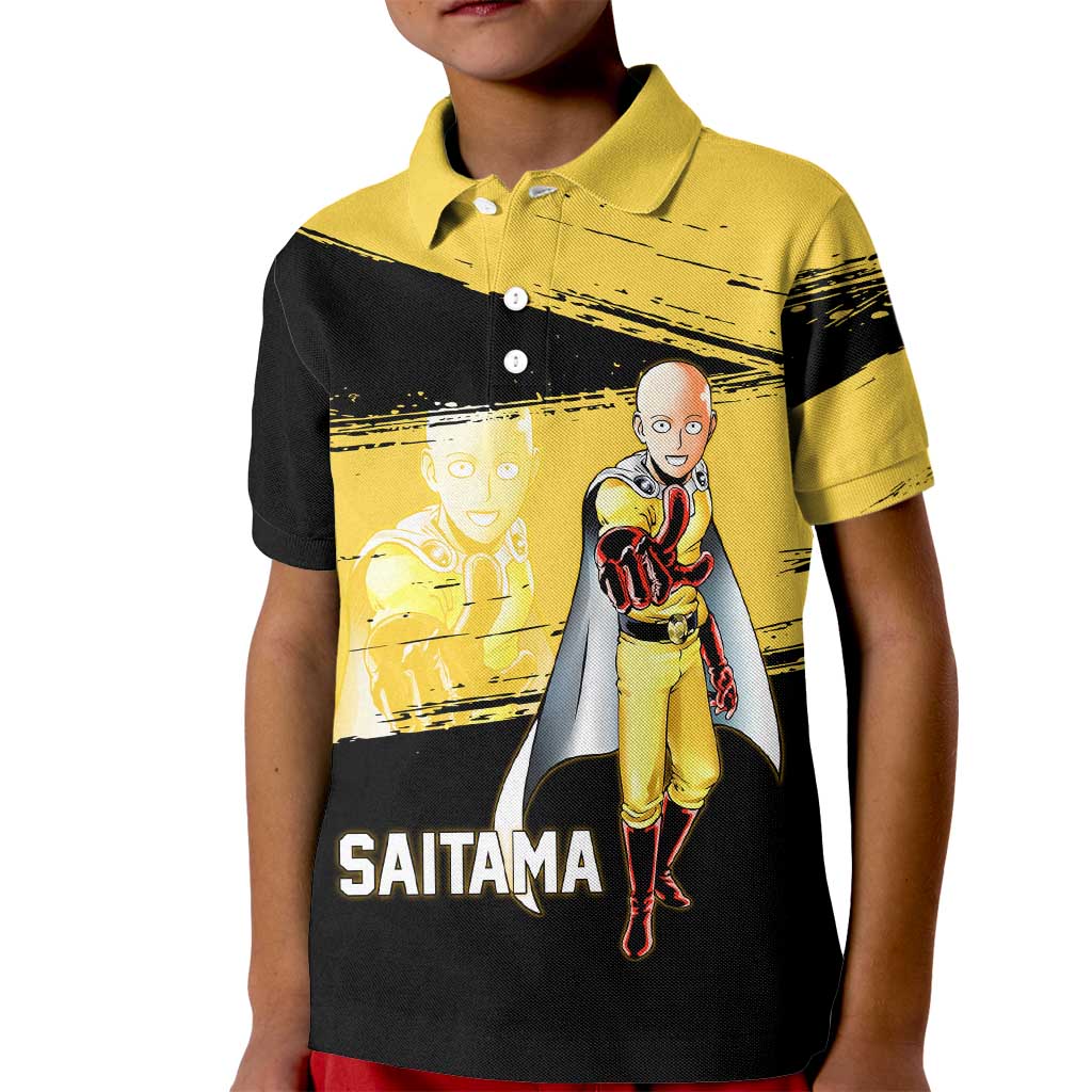 Saitama One Punch Man Anime Yellow and Black Theme Kid Polo Shirt with Heroic Pose and Dynamic Brushstroke Background - The Mazicc