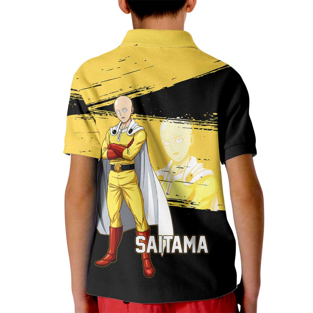 Saitama One Punch Man Anime Yellow and Black Theme Kid Polo Shirt with Heroic Pose and Dynamic Brushstroke Background - The Mazicc