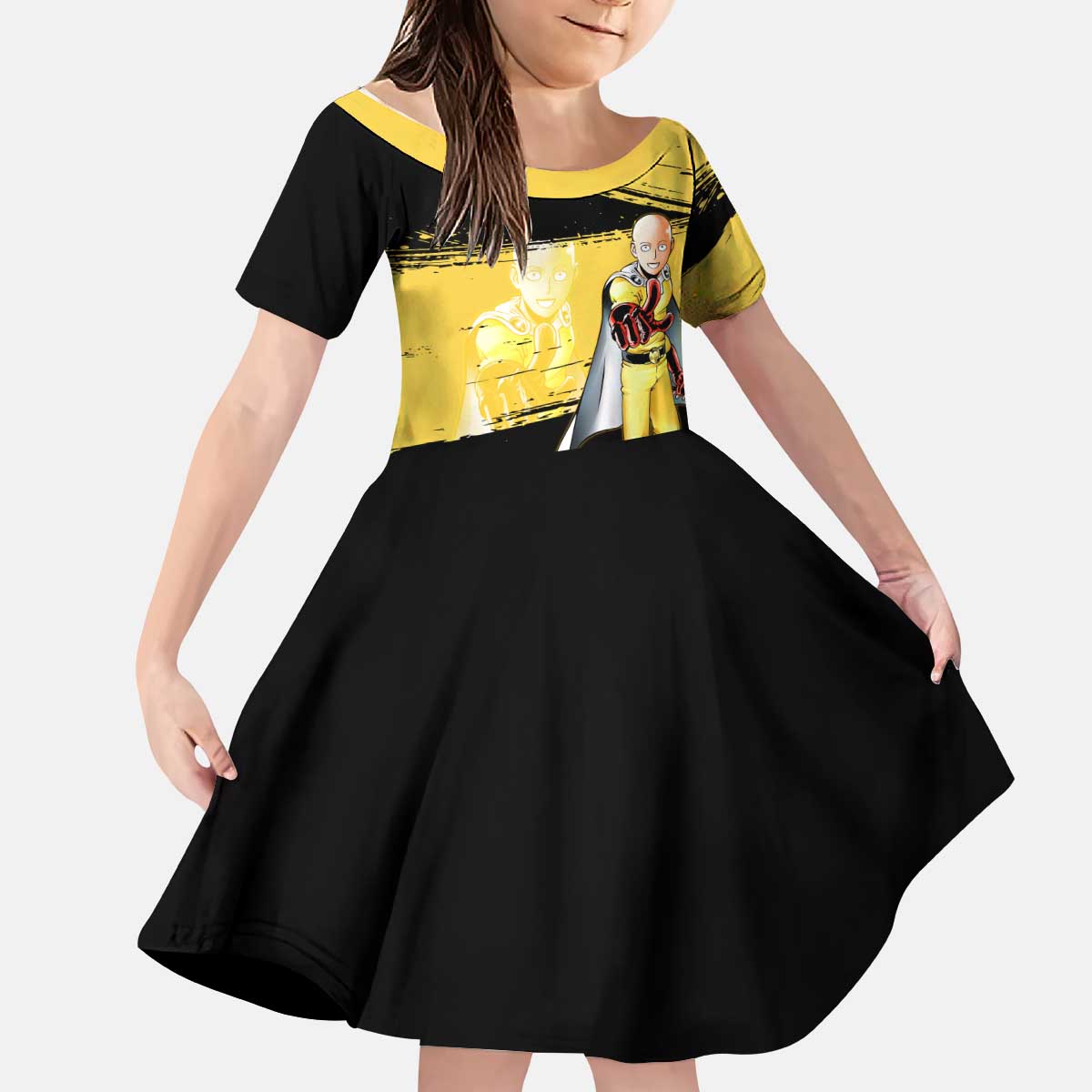 Saitama One Punch Man Anime Yellow and Black Theme Kid Short Sleeve Dress with Heroic Pose and Dynamic Brushstroke Background - The Mazicc