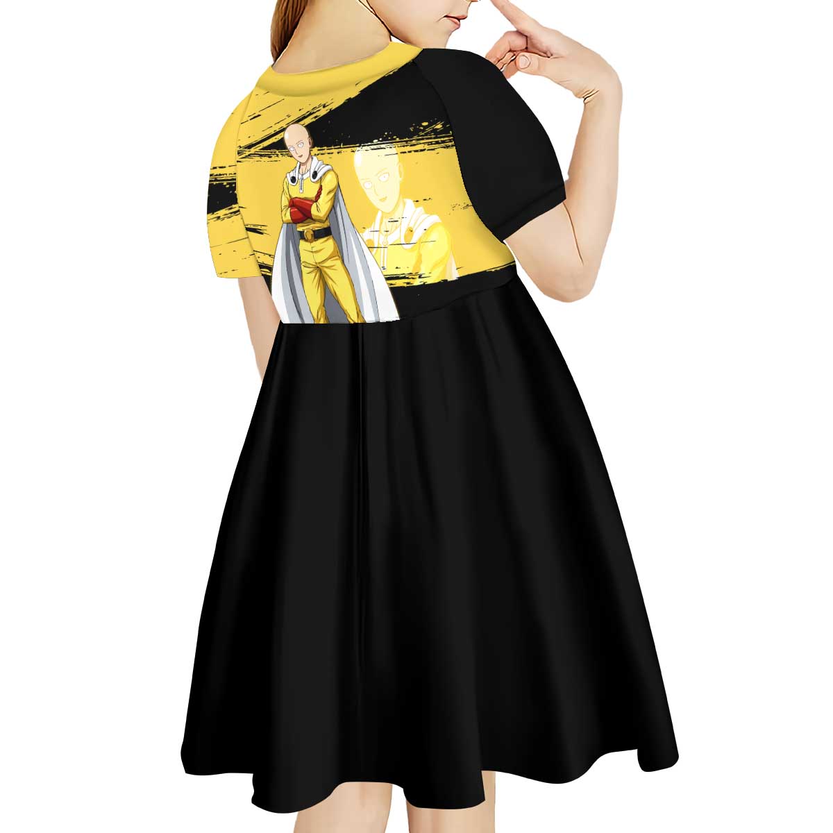 Saitama One Punch Man Anime Yellow and Black Theme Kid Short Sleeve Dress with Heroic Pose and Dynamic Brushstroke Background - The Mazicc